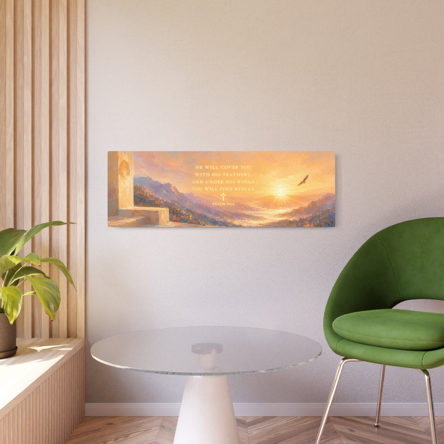 Metal Art Sign – "He Will Cover You with His Feathers" Sunrise Scripture Wall Plaque