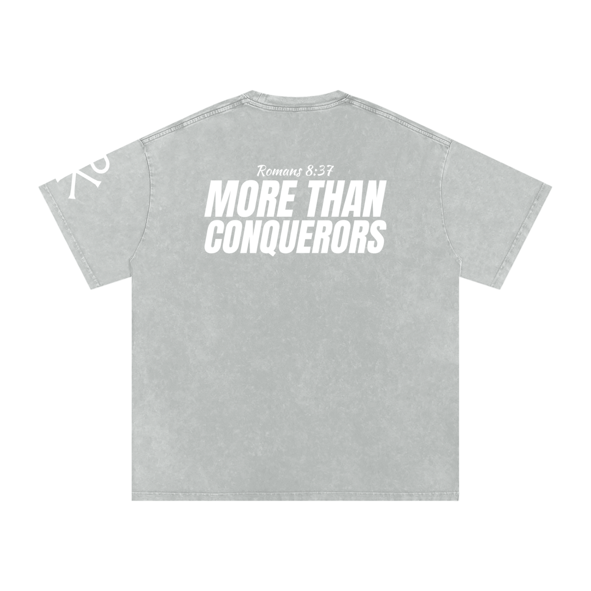 More Than Conquerors God in Flesh Christian t-shirt, Light Gray, back with Romans 8:37