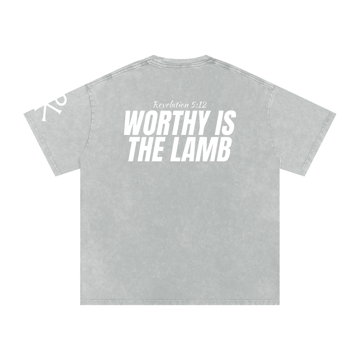 Worthy Is the Lamb God in Flesh Christian t-shirt, Light Gray, back with Revelation 5:12