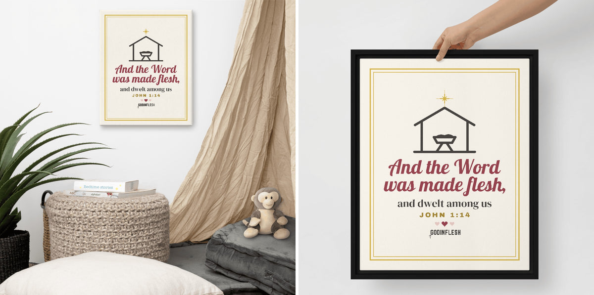 The Word Was Made Flesh Nativity Canvas in use, lifestyle photo with our design