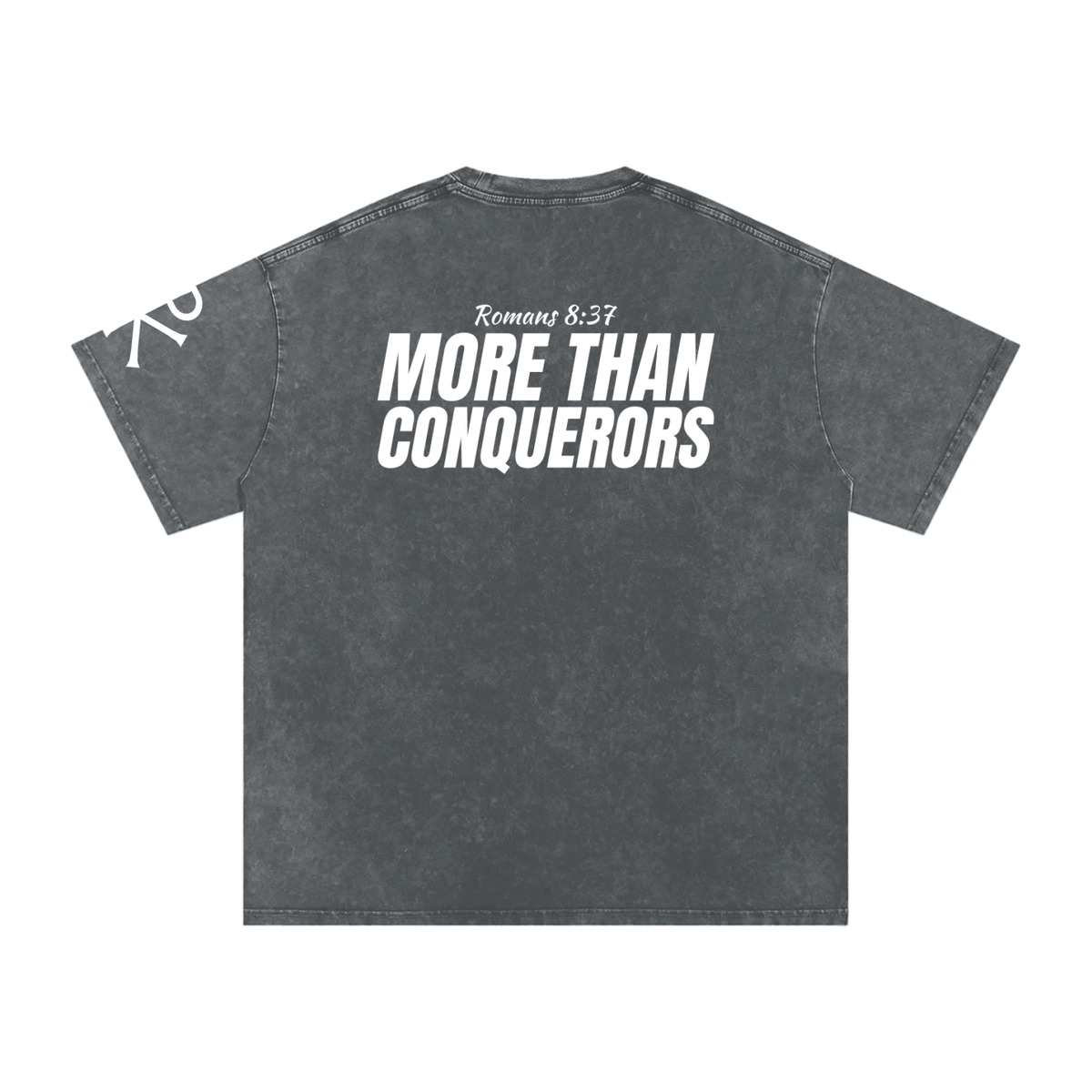 More Than Conquerors God in Flesh Christian t-shirt, Pirate Gray, back with Romans 8:37