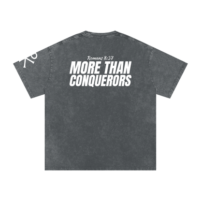 More Than Conquerors God in Flesh Christian t-shirt, Pirate Gray, back with Romans 8:37
