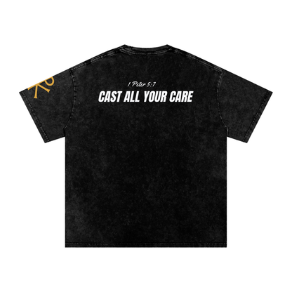 Cast All Your Care God in Flesh Christian t-shirt, Black, back with 1 Peter 5:7