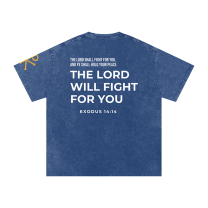 The Lord Will Fight for You God in Flesh Christian t-shirt, Dark Blue, back with Exodus 14:14