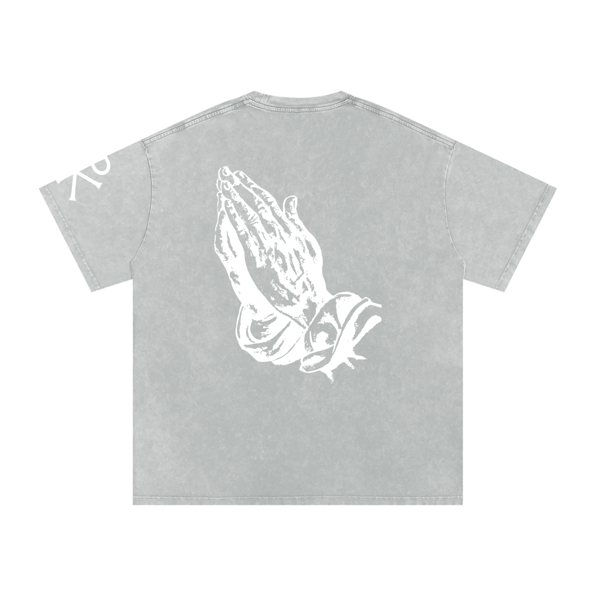 Praying Hands God in Flesh Christian t-shirt, Light Gray, back with praying hands art