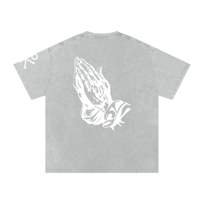 Praying Hands God in Flesh Christian t-shirt, Light Gray, back with praying hands art
