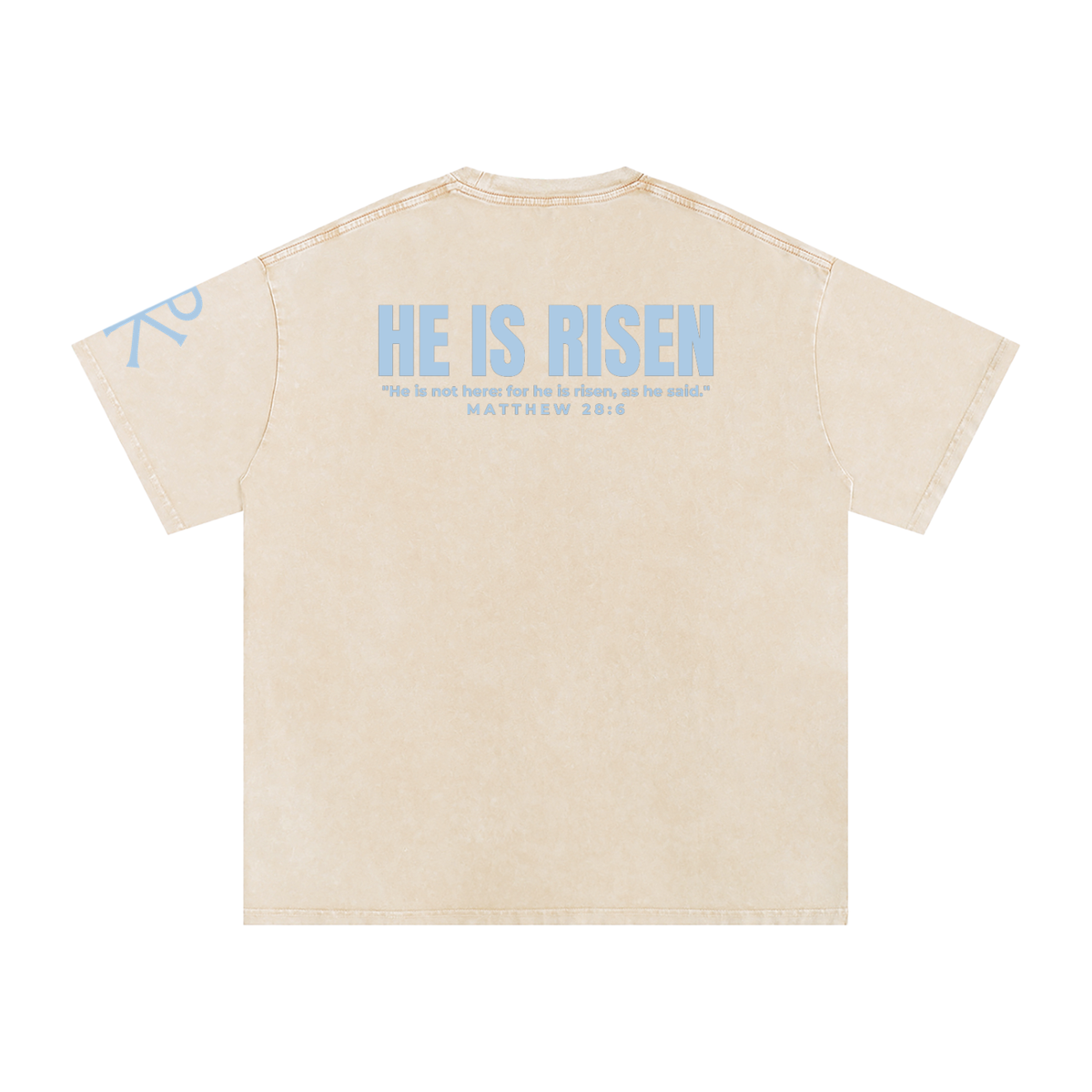 He Is Risen God in Flesh Christian t-shirt, Apricot, back with Matthew 28:6