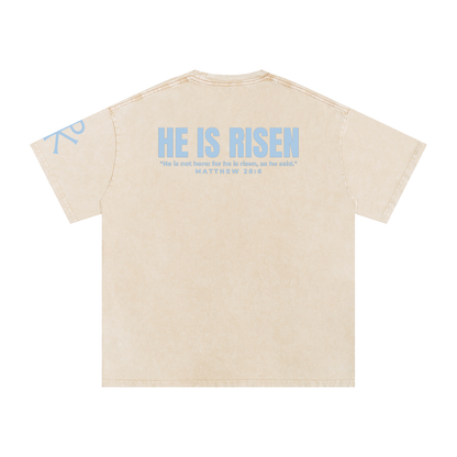 He Is Risen God in Flesh Christian t-shirt, Apricot, back with Matthew 28:6