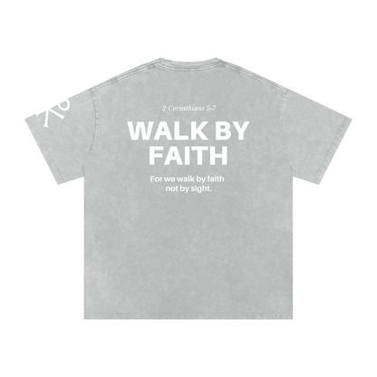 Walk by Faith God in Flesh Christian t-shirt, Light Gray, back with 2 Corinthians 5:7