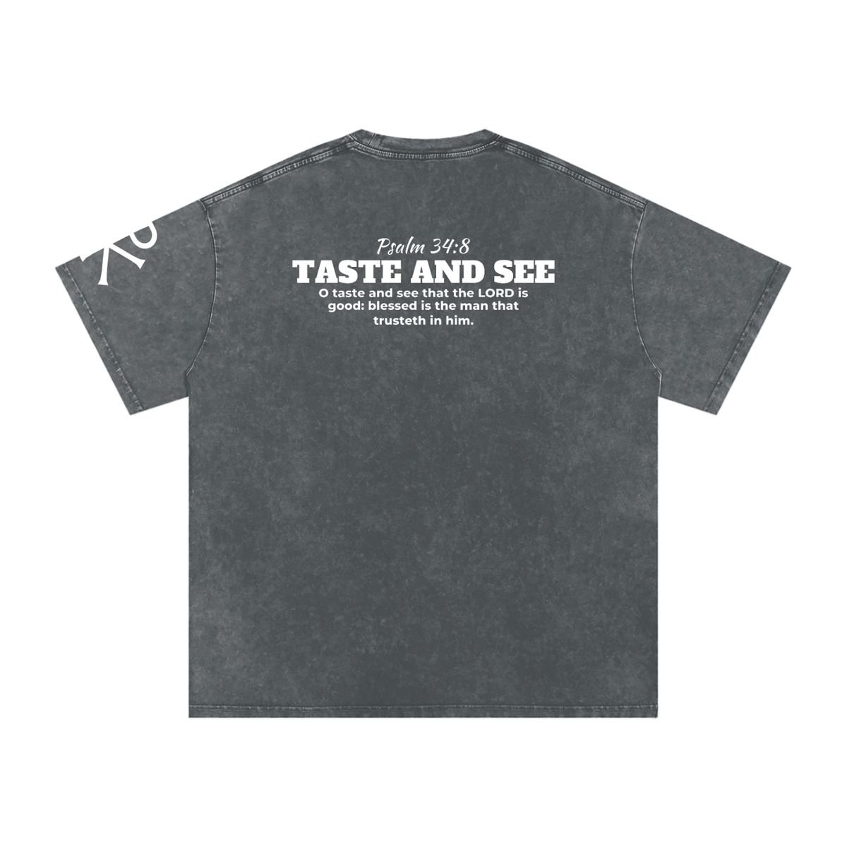 Taste and See God in Flesh Christian t-shirt, Pirate Gray, back with Psalm 34:8