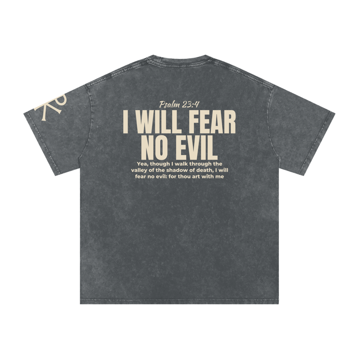 I Will Fear No Evil God in Flesh Christian t-shirt, Pirate Gray, back with Psalm 23:4