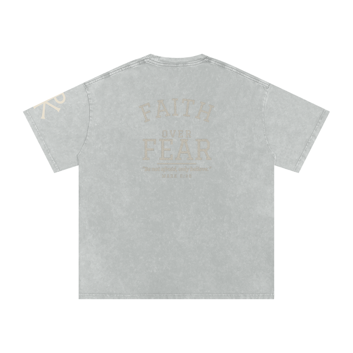 Faith Over Fear God in Flesh Christian t-shirt, Light Gray, back with Mark 5:36