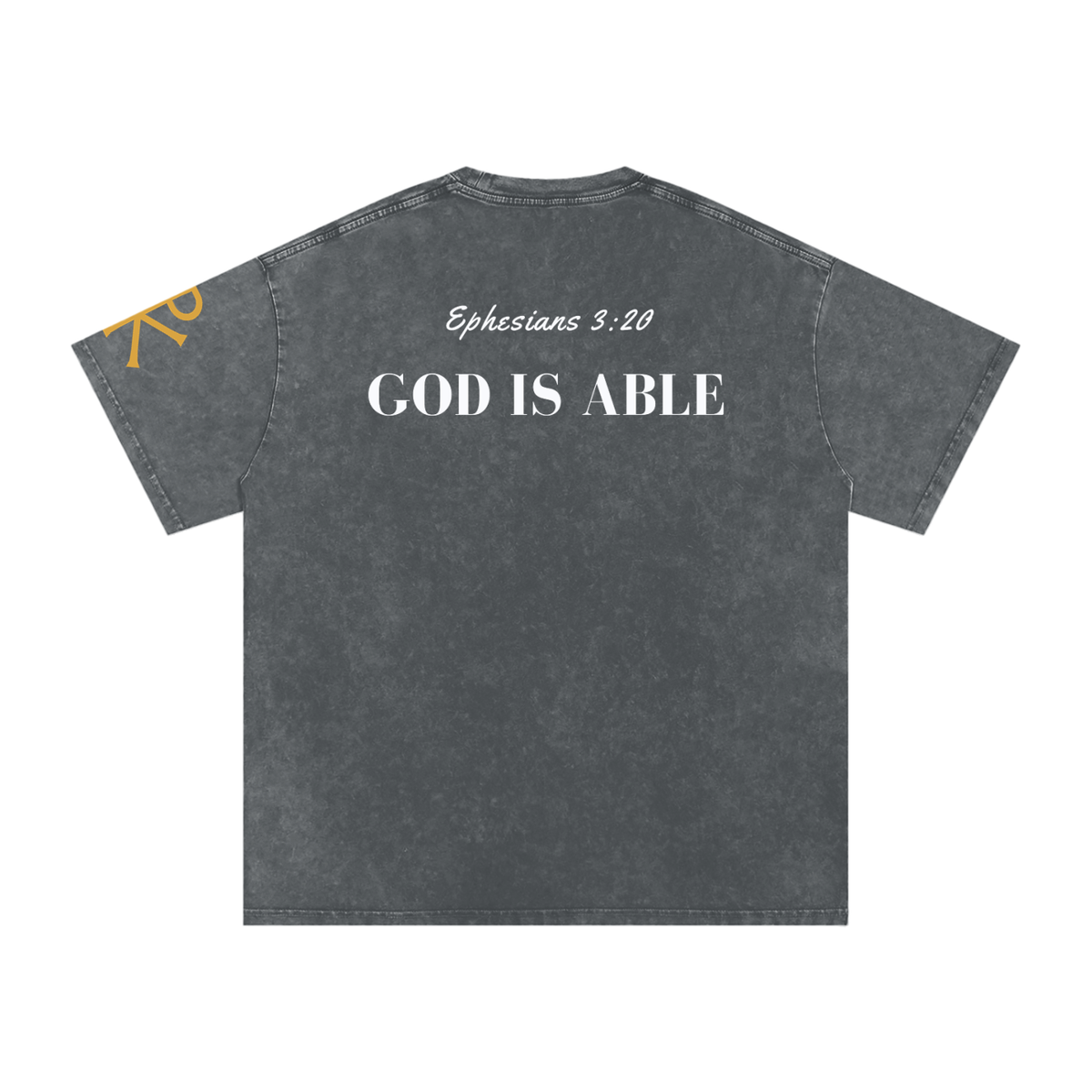 God Is Able God in Flesh Christian t-shirt, Pirate Gray, back with Ephesians 3:20