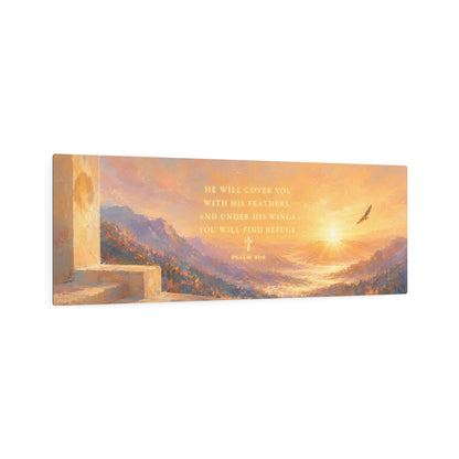 Metal Art Sign – "He Will Cover You with His Feathers" Sunrise Scripture Wall Plaque