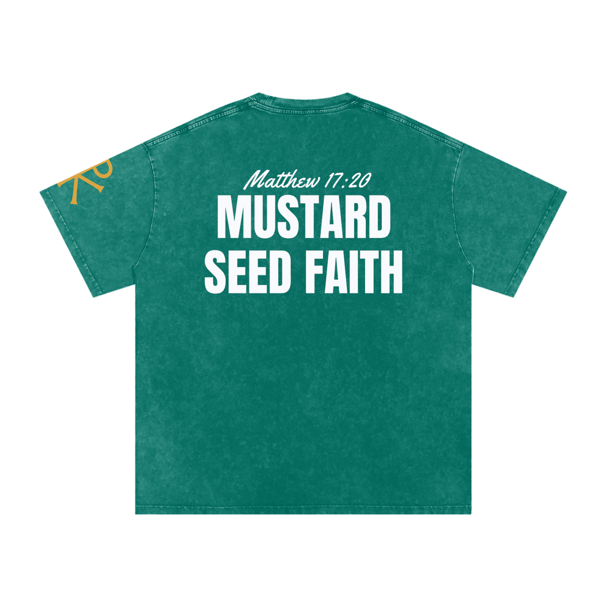 Mustard Seed Faith God in Flesh Christian t-shirt, Dark Green, back with Matthew 17:20
