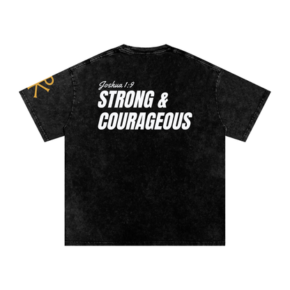 Strong & Courageous God in Flesh Christian t-shirt, Black, back with Joshua 1:9