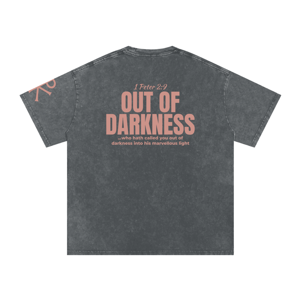 Out of Darkness God in Flesh Christian t-shirt, Pirate Gray, back with 1 Peter 2:9