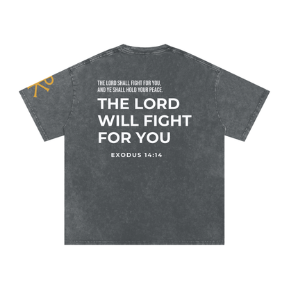 The Lord Will Fight for You God in Flesh Christian t-shirt, Pirate Gray, back with Exodus 14:14