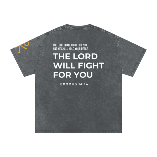 The Lord Will Fight for You God in Flesh Christian t-shirt, Pirate Gray, back with Exodus 14:14