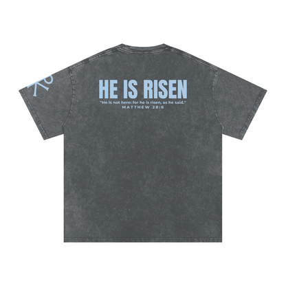 He Is Risen God in Flesh Christian t-shirt, Pirate Gray, back with Matthew 28:6