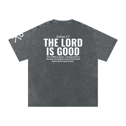 The Lord Is Good God in Flesh Christian t-shirt, Pirate Gray, back with Nahum 1:7