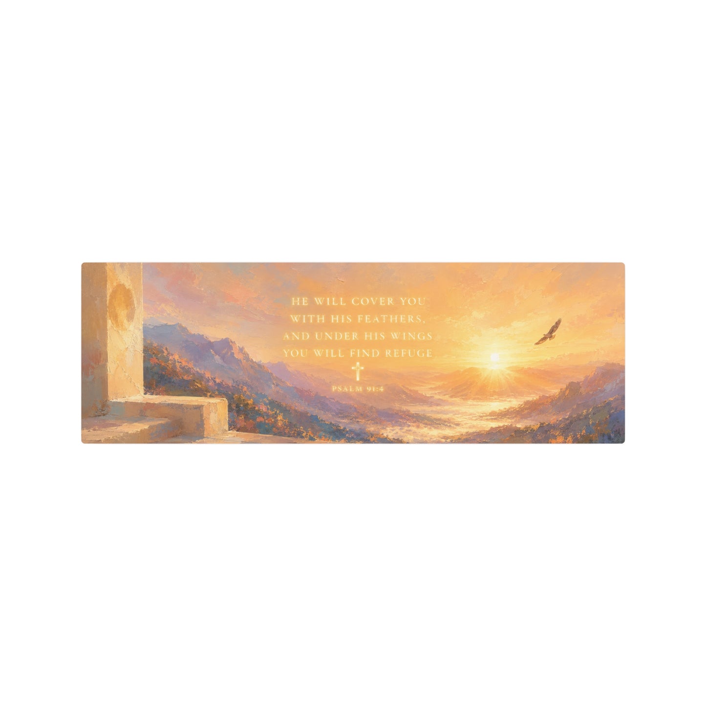 Metal Art Sign – "He Will Cover You with His Feathers" Sunrise Scripture Wall Plaque