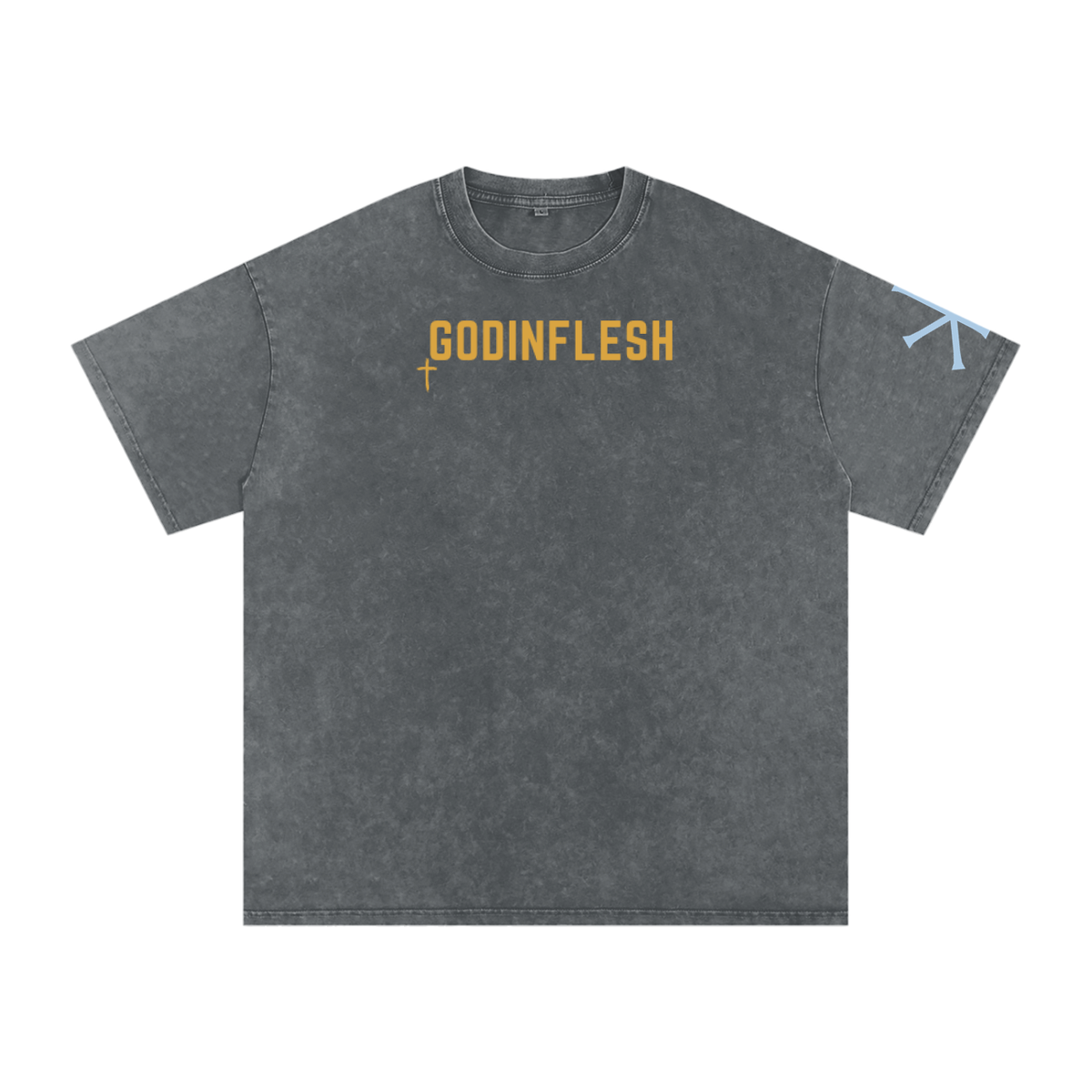 He Is Risen God in Flesh Christian t-shirt, Pirate Gray, front with Matthew 28:6