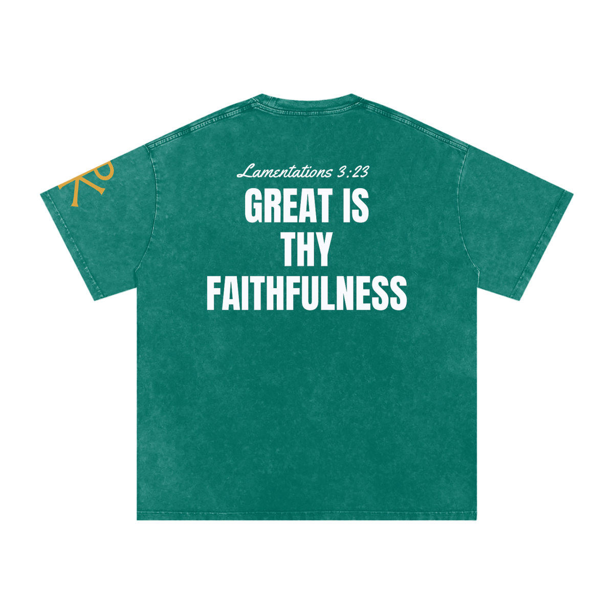 Great Is Thy Faithfulness God in Flesh Christian t-shirt, Dark Green, back with Lamentations 3:23