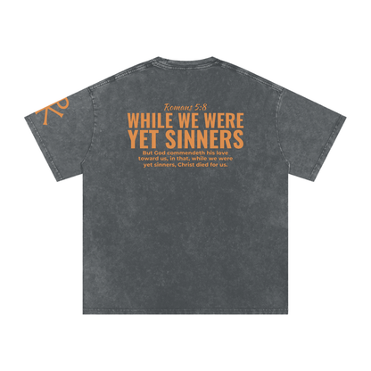 While We Were Yet Sinners God in Flesh Christian t-shirt, Pirate Gray, back with Romans 5:8