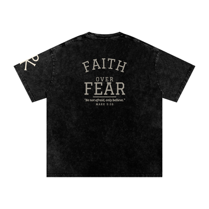 Faith Over Fear God in Flesh Christian t-shirt, Black, back with Mark 5:36