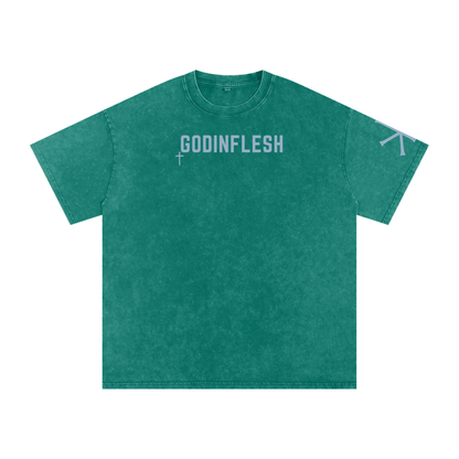 God With Us God in Flesh Christian t-shirt, Dark Green, front with Matthew 28:20