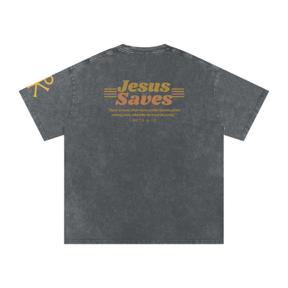 Jesus Saves God in Flesh Christian t-shirt, Pirate Gray, back with Acts 4:12