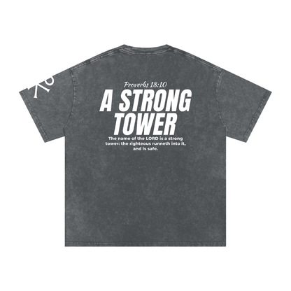 A Strong Tower God in Flesh Christian t-shirt, Pirate Gray, back with Proverbs 18:10
