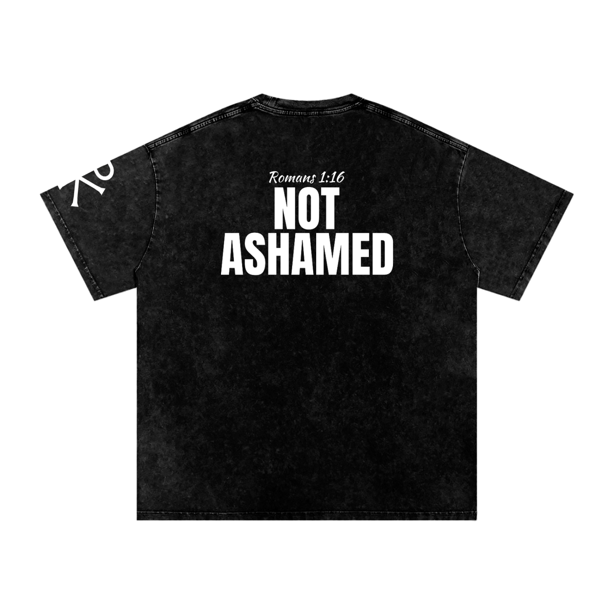 Not Ashamed God in Flesh Christian t-shirt, Black, back with Romans 1:16