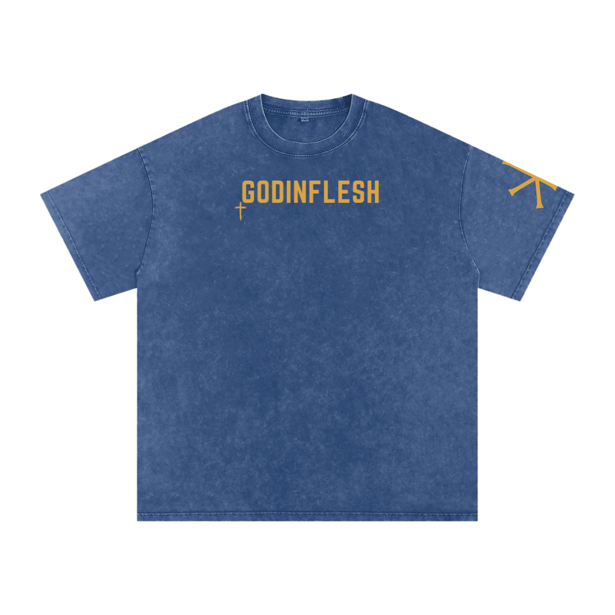 Go Therefore God in Flesh Christian t-shirt, Dark Blue, front with Matthew 28:19