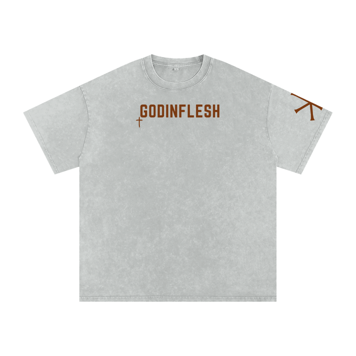 While We Were Yet Sinners God in Flesh Christian t-shirt, Light Gray, front with Romans 5:8