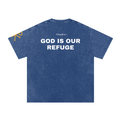God Is Our Refuge God in Flesh Christian t-shirt, Dark Blue, back with Psalm 46:1
