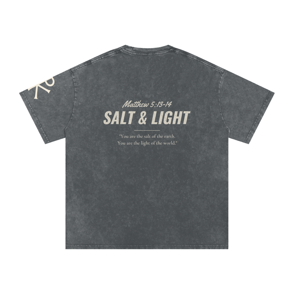 Salt & Light God in Flesh Christian t-shirt, Pirate Gray, back with Matthew 5:13-14