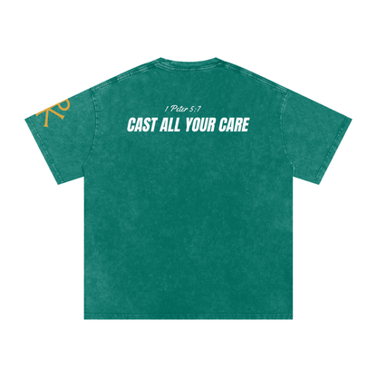 Cast All Your Care God in Flesh Christian t-shirt, back with 1 Peter 5:7