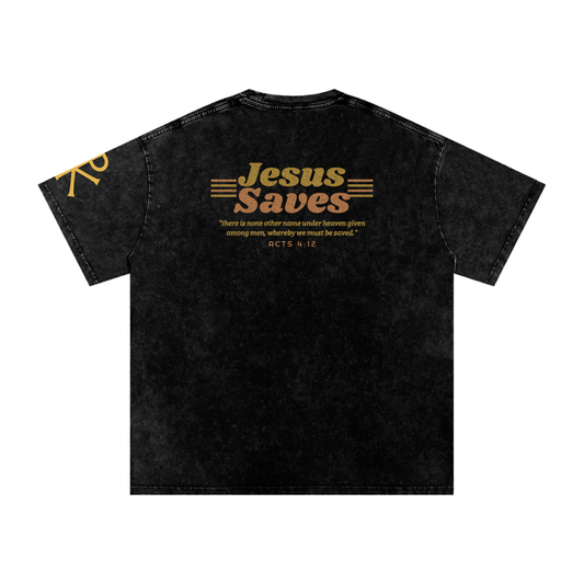 Jesus Saves God in Flesh Christian t-shirt, Black, back with Acts 4:12