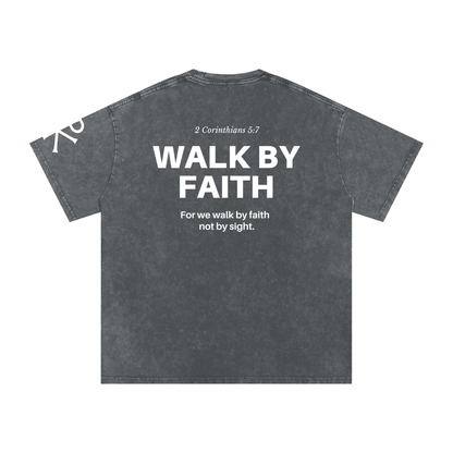 Walk by Faith God in Flesh Christian t-shirt, Pirate Gray, back with 2 Corinthians 5:7