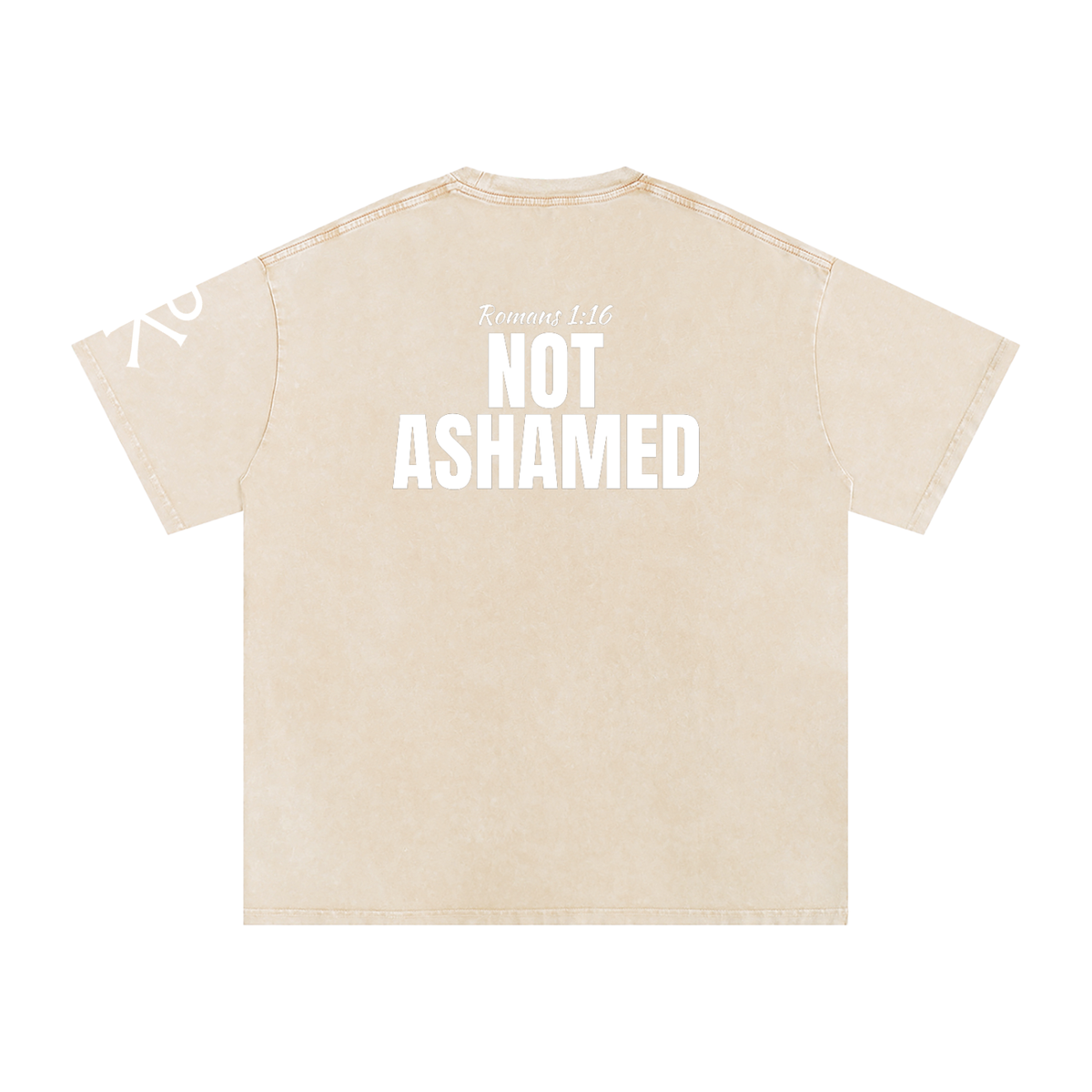Not Ashamed God in Flesh Christian t-shirt, Apricot, back with Romans 1:16