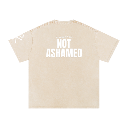 Not Ashamed God in Flesh Christian t-shirt, Apricot, back with Romans 1:16