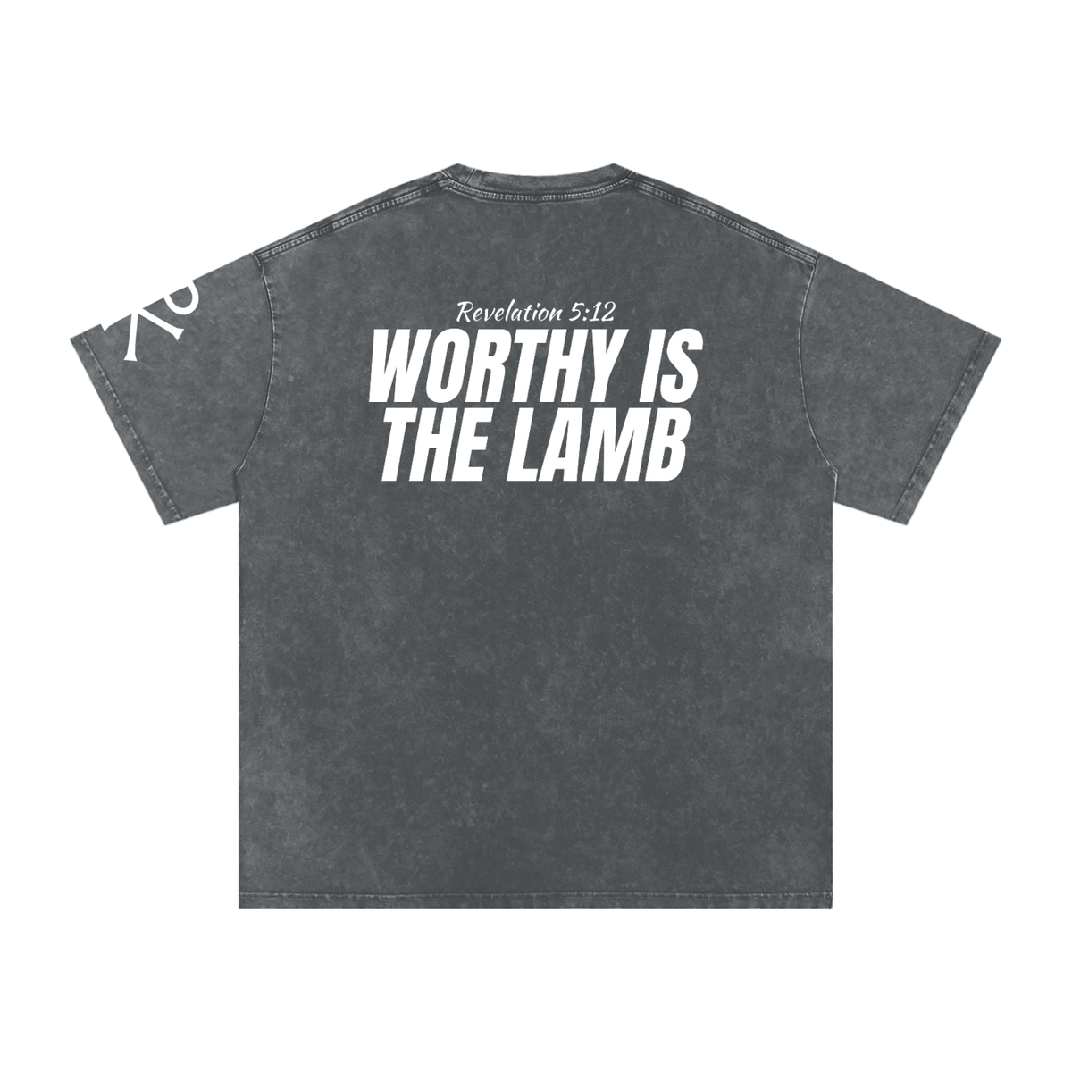 Worthy Is the Lamb God in Flesh Christian t-shirt, Pirate Gray, back with Revelation 5:12