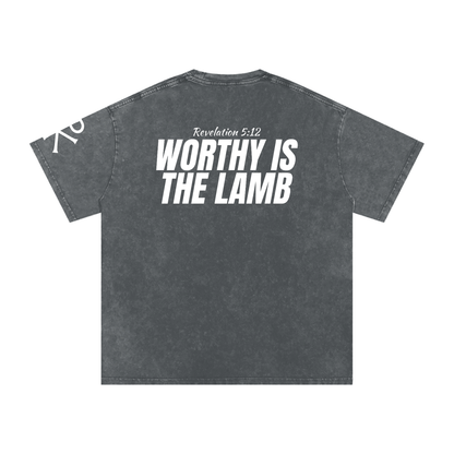 Worthy Is the Lamb God in Flesh Christian t-shirt, Pirate Gray, back with Revelation 5:12