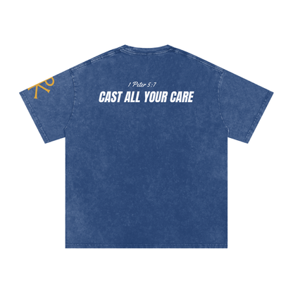 Cast All Your Care God in Flesh Christian t-shirt, back with 1 Peter 5:7