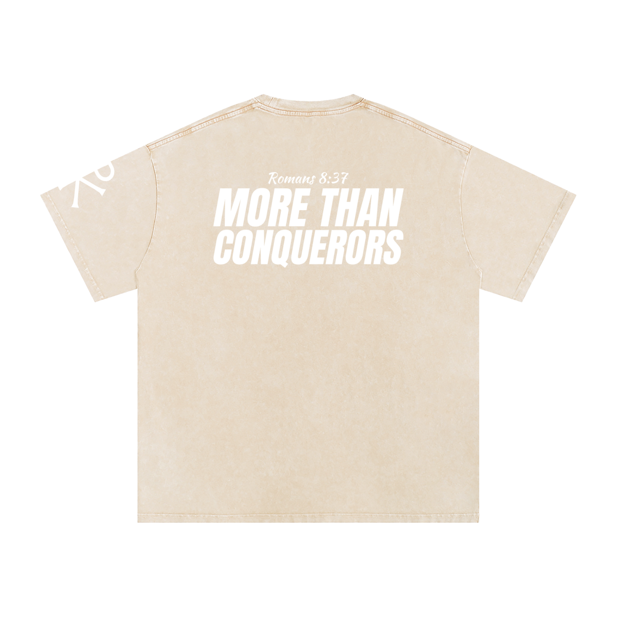 More Than Conquerors God in Flesh Christian t-shirt, Apricot, back with Romans 8:37