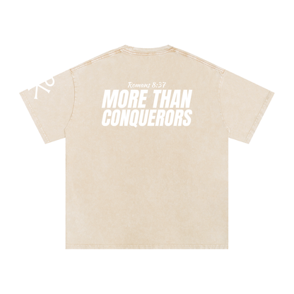 More Than Conquerors God in Flesh Christian t-shirt, Apricot, back with Romans 8:37