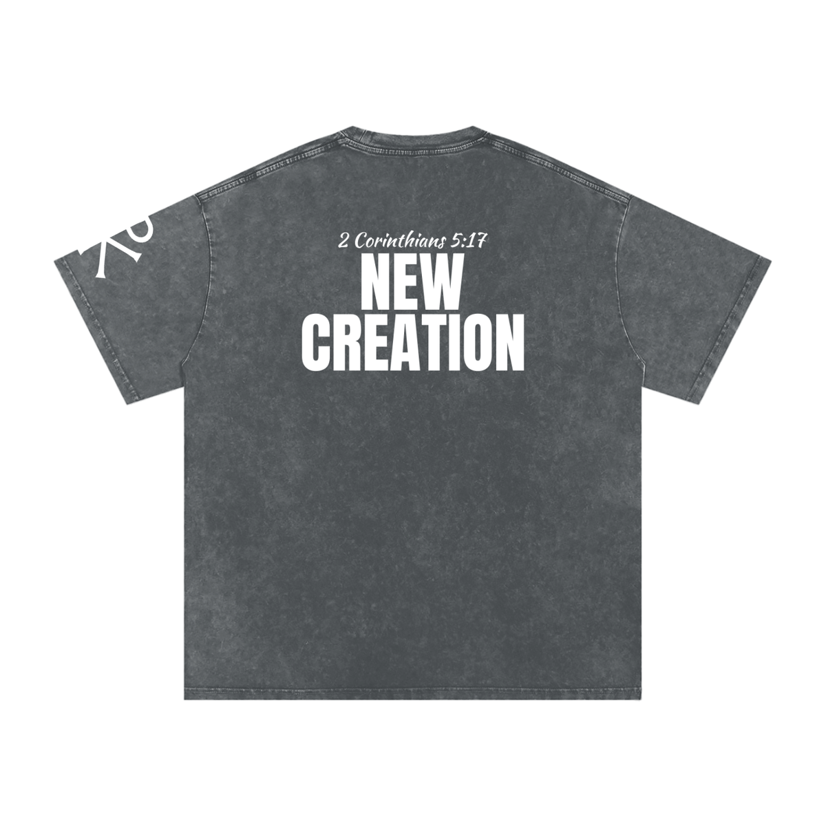 New Creation God in Flesh Christian t-shirt, Pirate Gray, back with 2 Corinthians 5:17
