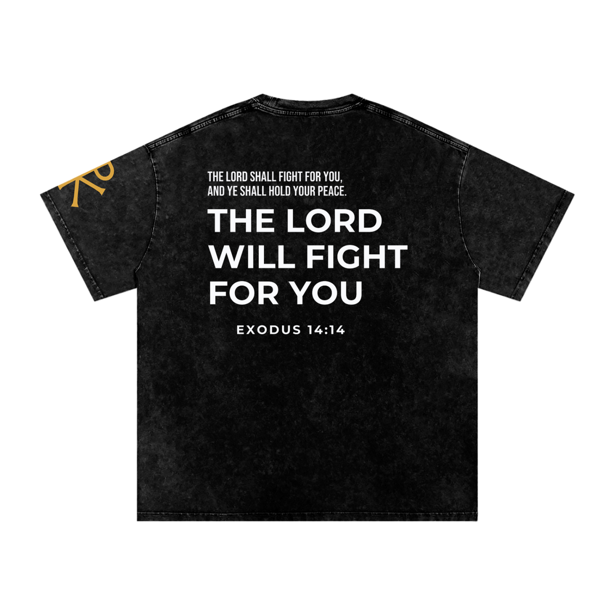 The Lord Will Fight for You God in Flesh Christian t-shirt, Black, back with Exodus 14:14